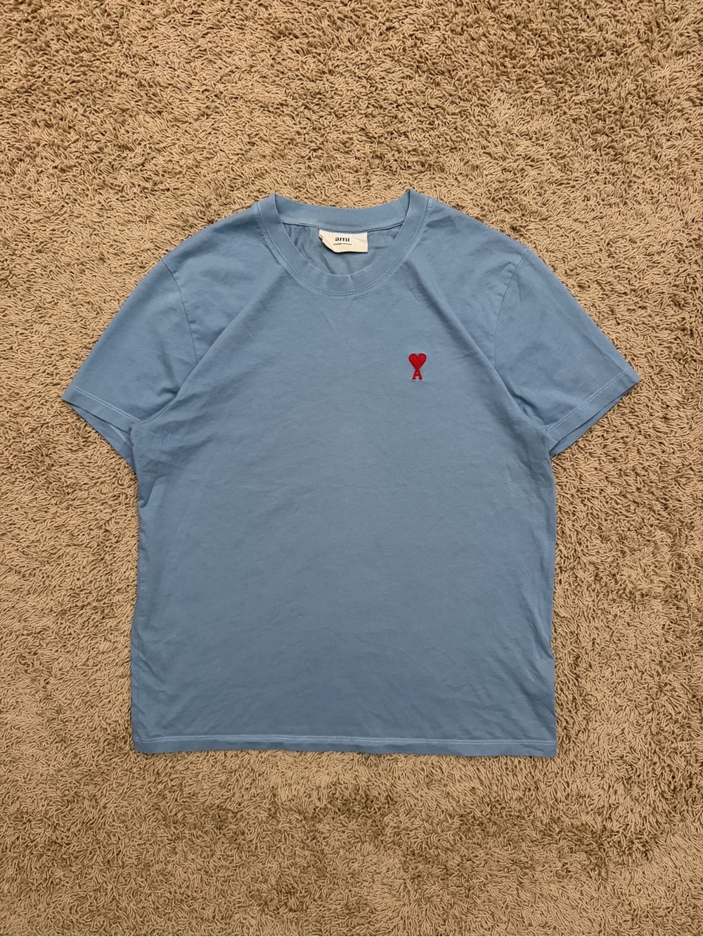 Ami Paris Alexandre Mattiussi Logo Embroidered Cotton Tee Light Blue Size Large